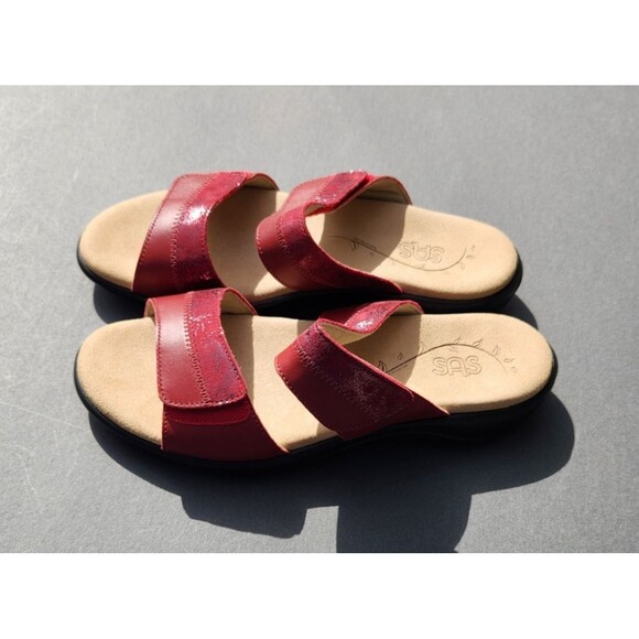 SAS Ruby / Cabernet Red Nudu Leather Sandals Slip On Slides Size 9.5W Adjustable - Picture 9 of 11